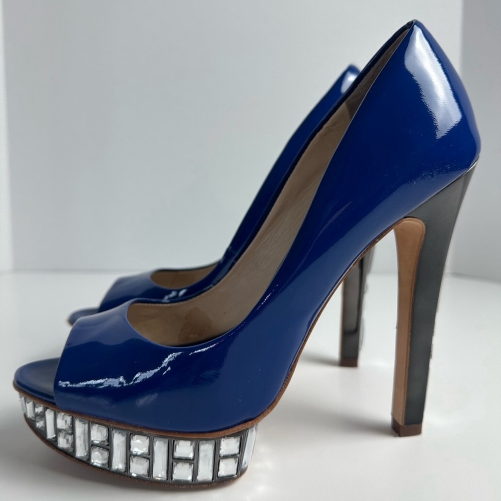 Boutique 9 Blue Leather Swarovski Crystal Heels